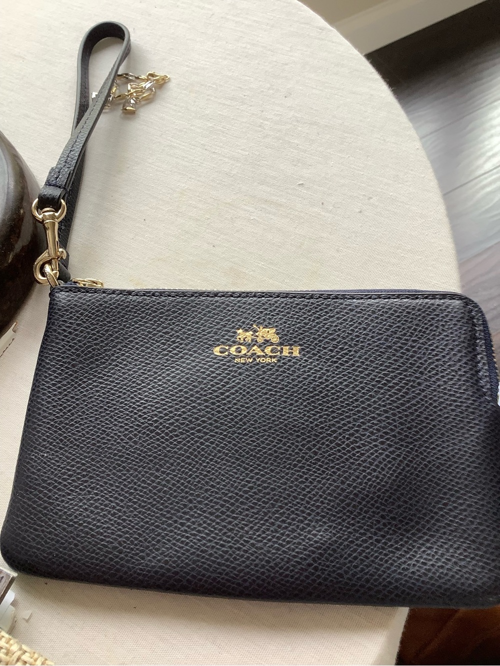 Coach Black Pebbled Leather Wristlet with Gold Logo